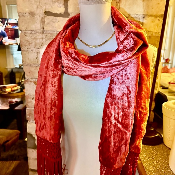 Dior Accessories - Dior Red Crushed Velvet Fringe Scarf